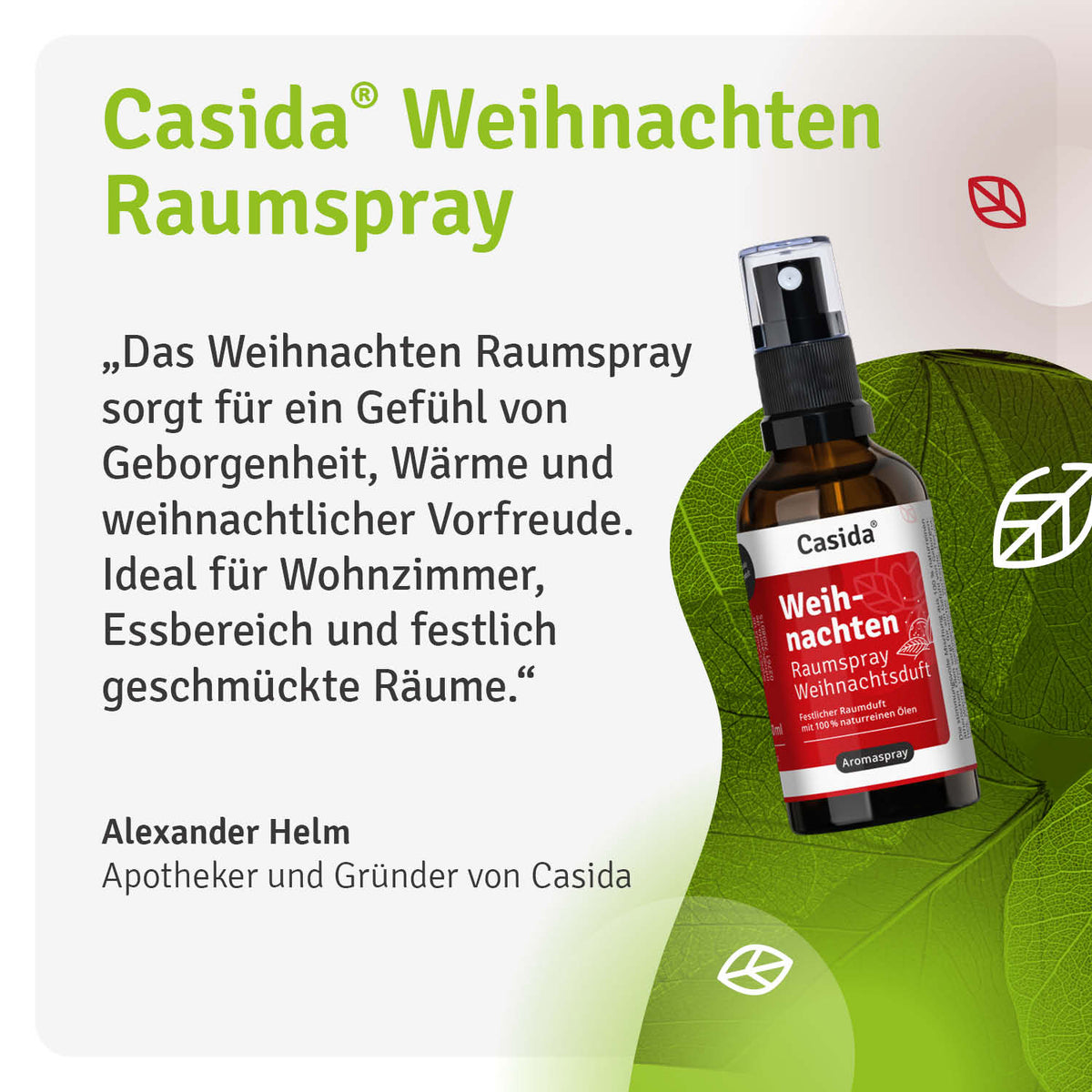 Casida Weihnachten Raumspray bottle with a dark label featuring festive design elements and a spray nozzle.