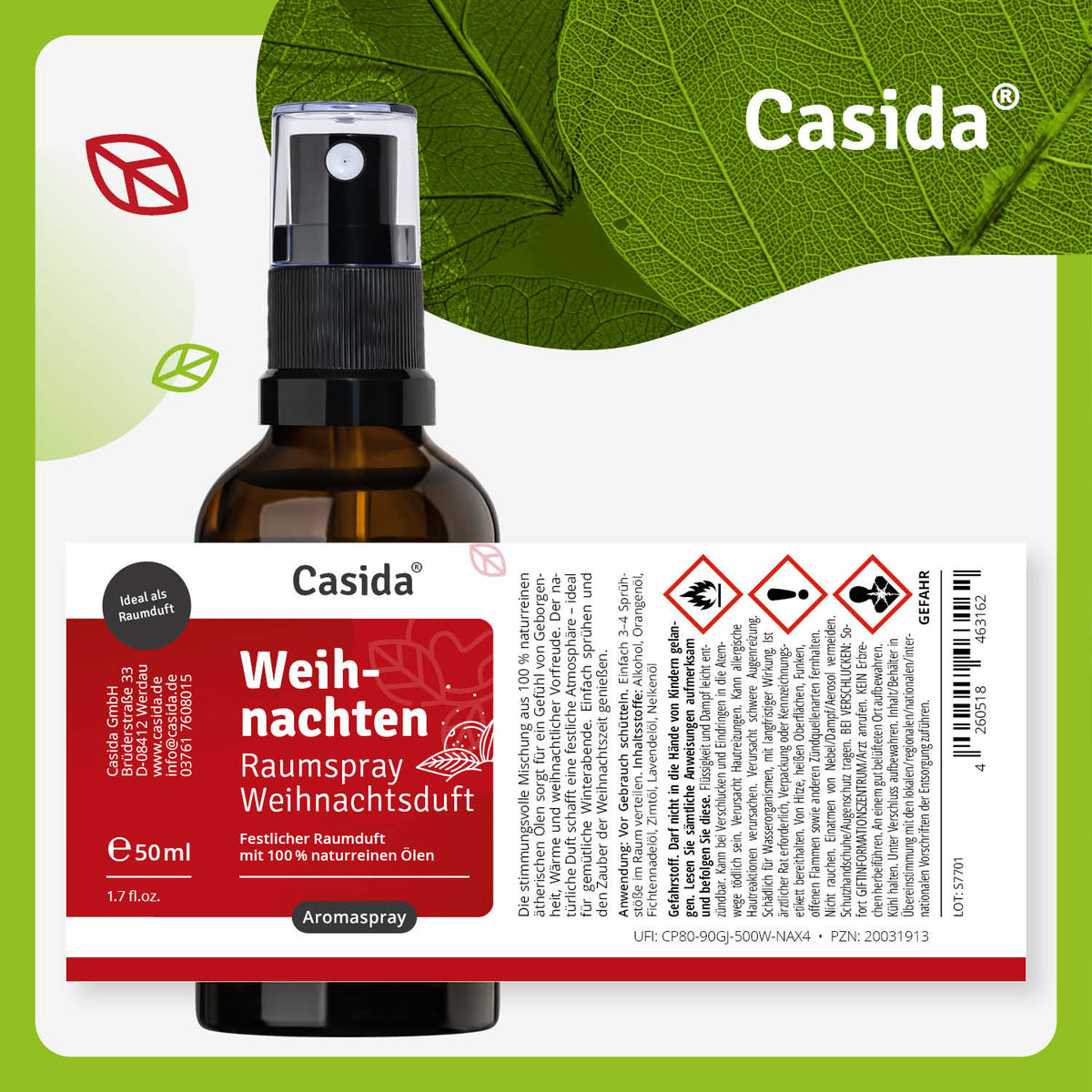 Casida Weihnachten raumspray in a 50 ml amber bottle with a spray nozzle and festive label design.