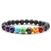 Chakra bead bracelet for essential oils featuring 8 mm natural stone beads in vibrant colors and black lava stones.