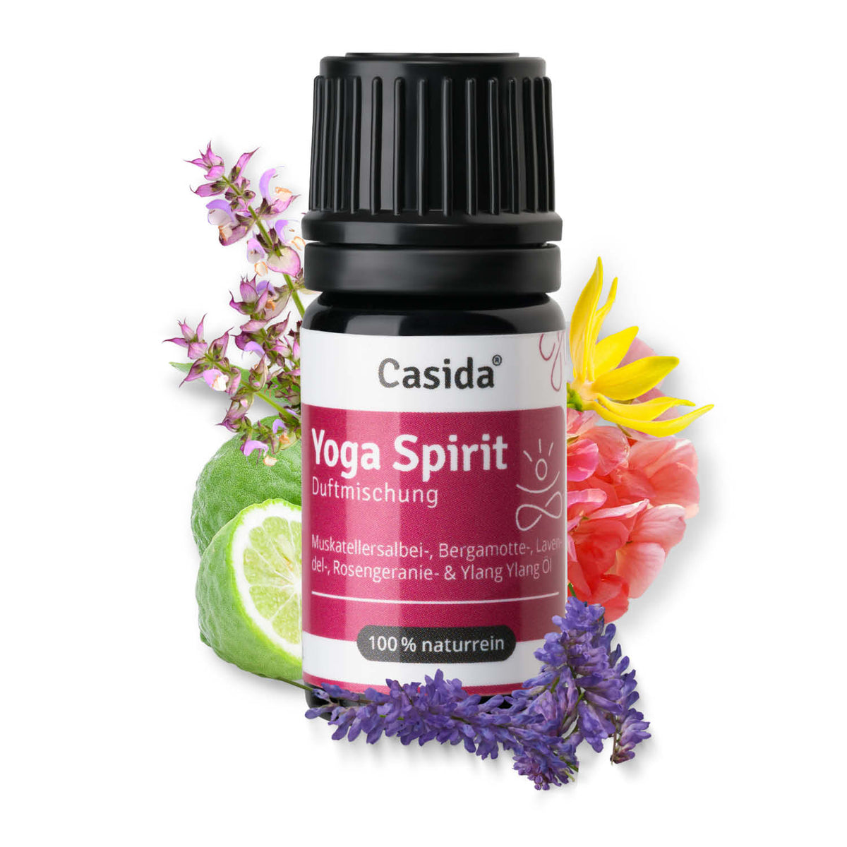 Casida Yoga Spirit essential oil bottle with floral and citrus elements, featuring a purple label and black cap.