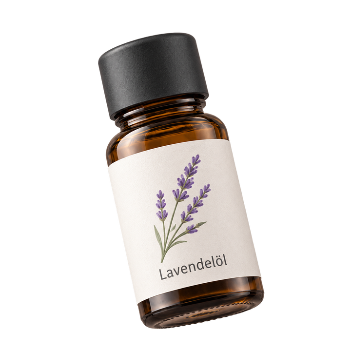 Braune Lavendelölflasche mit hellem Etikett und Lavendelzeichnung.