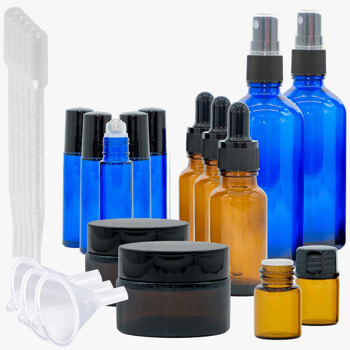Aromatherapie Profi Set with various blue and brown glass bottles, including spray and roll-on containers, and jars.