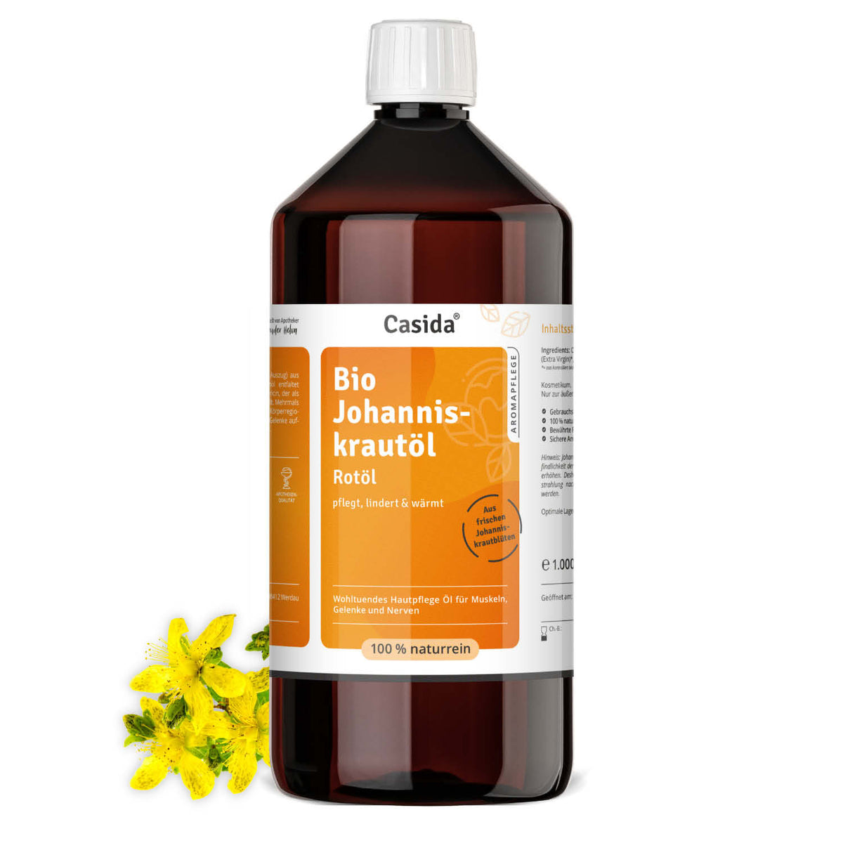 Casida Bio Johanniskrautöl Rotöl, 1 Liter, in brauner Flasche neben gelben Johanniskrautblüten