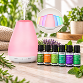 Casida Starter Aroma Diffuser mit rosa LED-Licht und sechs ätherischen Ölen auf einem Tisch