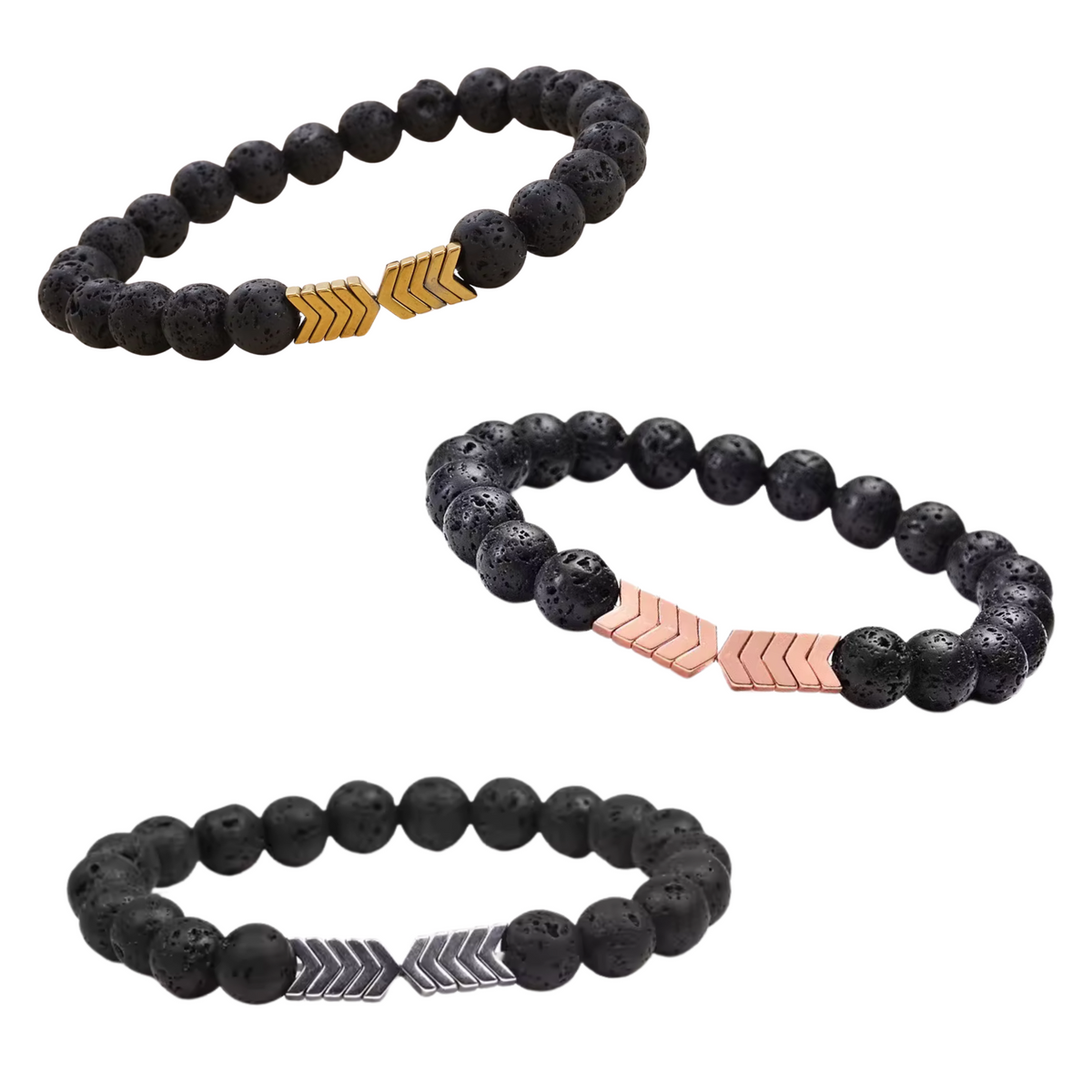 Lavastein armband für ätherische Öle in drei Designs mit schwarzen Lava-Steinen und metallischen Akzenten.