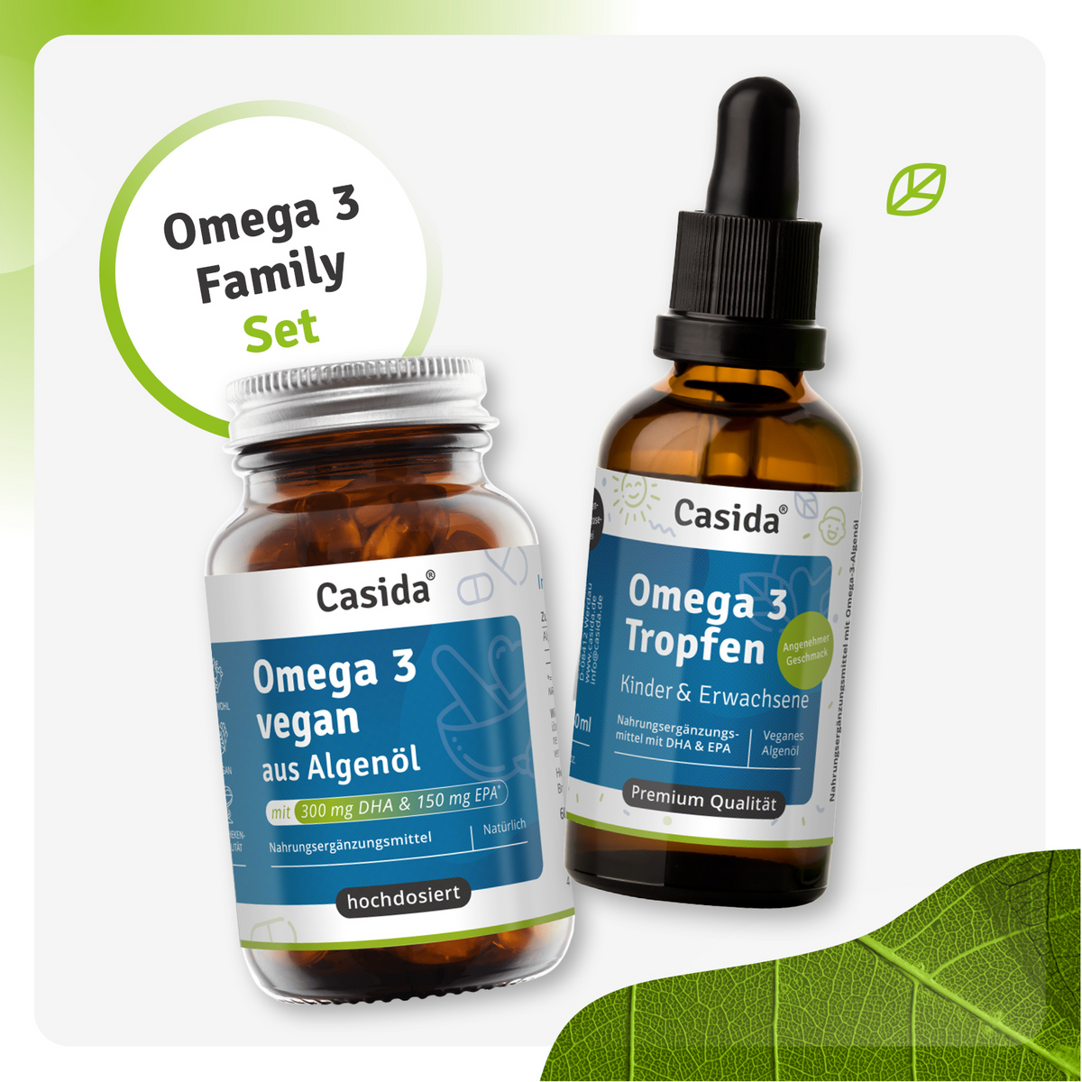 Casida Omega 3 Family Set mit veganen Omega-3-Kapseln und Omega-3-Tropfen in Glasflaschen