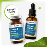 Casida Omega 3 Family Set mit veganen Omega-3-Kapseln und Omega-3-Tropfen in Glasflaschen