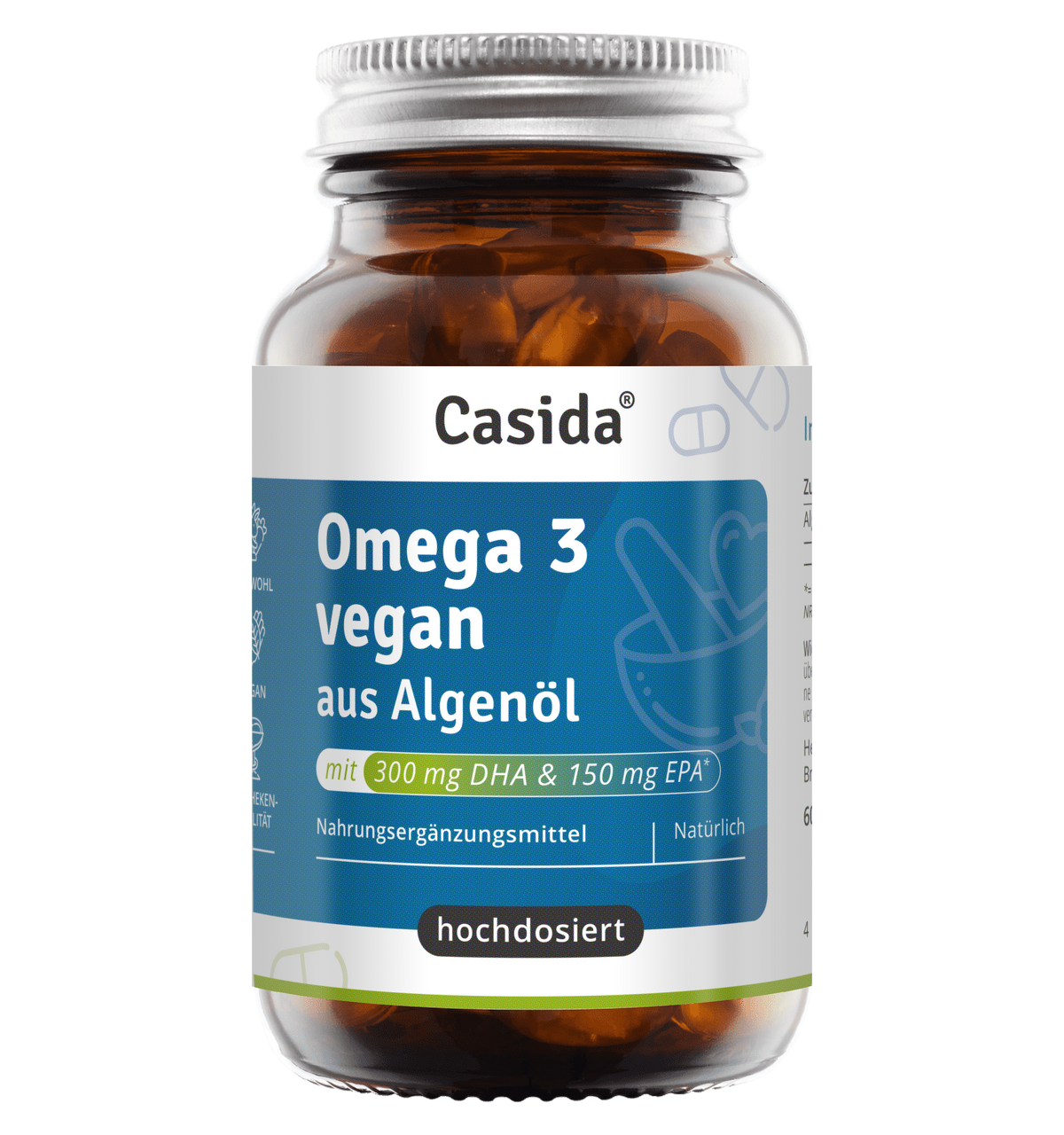 Casida vegane Omega-3-Kapseln aus Algenöl im braunen Glas mit Metalldeckel.
