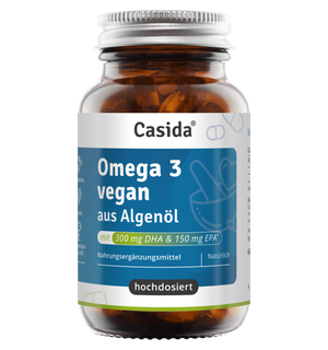 Casida vegane Omega-3-Kapseln aus Algenöl im braunen Glas mit Metalldeckel.
