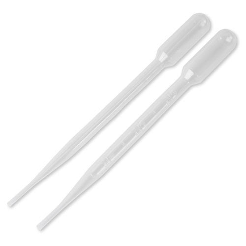 Transparent 3 ml plastic pipette for essential oils, featuring a tapered tip and bulbous top for easy liquid transfer.