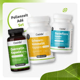 Pollenzeit Adé Set featuring Quercetin capsules, black cumin oil capsules, and Darmflora complex with inulin.
