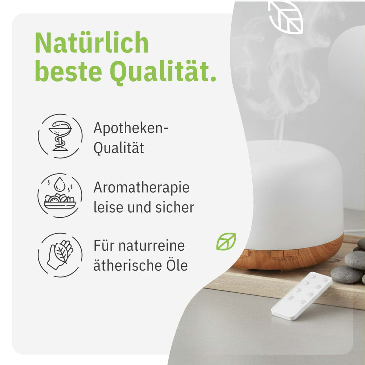 Aroma diffuser with a 500 ml capacity, remote control, and six essential oils set on a light background.