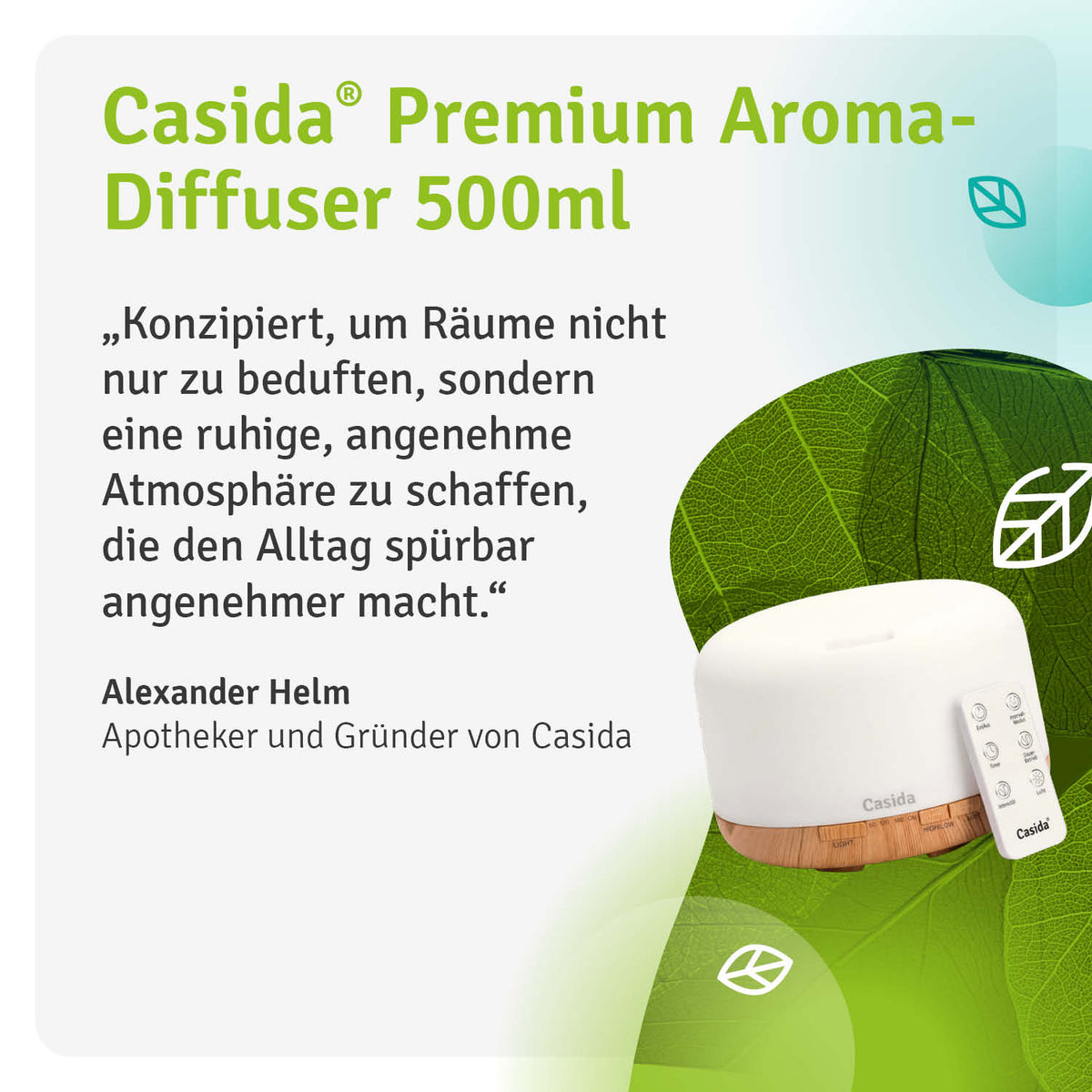 Aroma diffuser 500 ml in white with remote control and LED light, featuring a wooden base and leaf design background.
