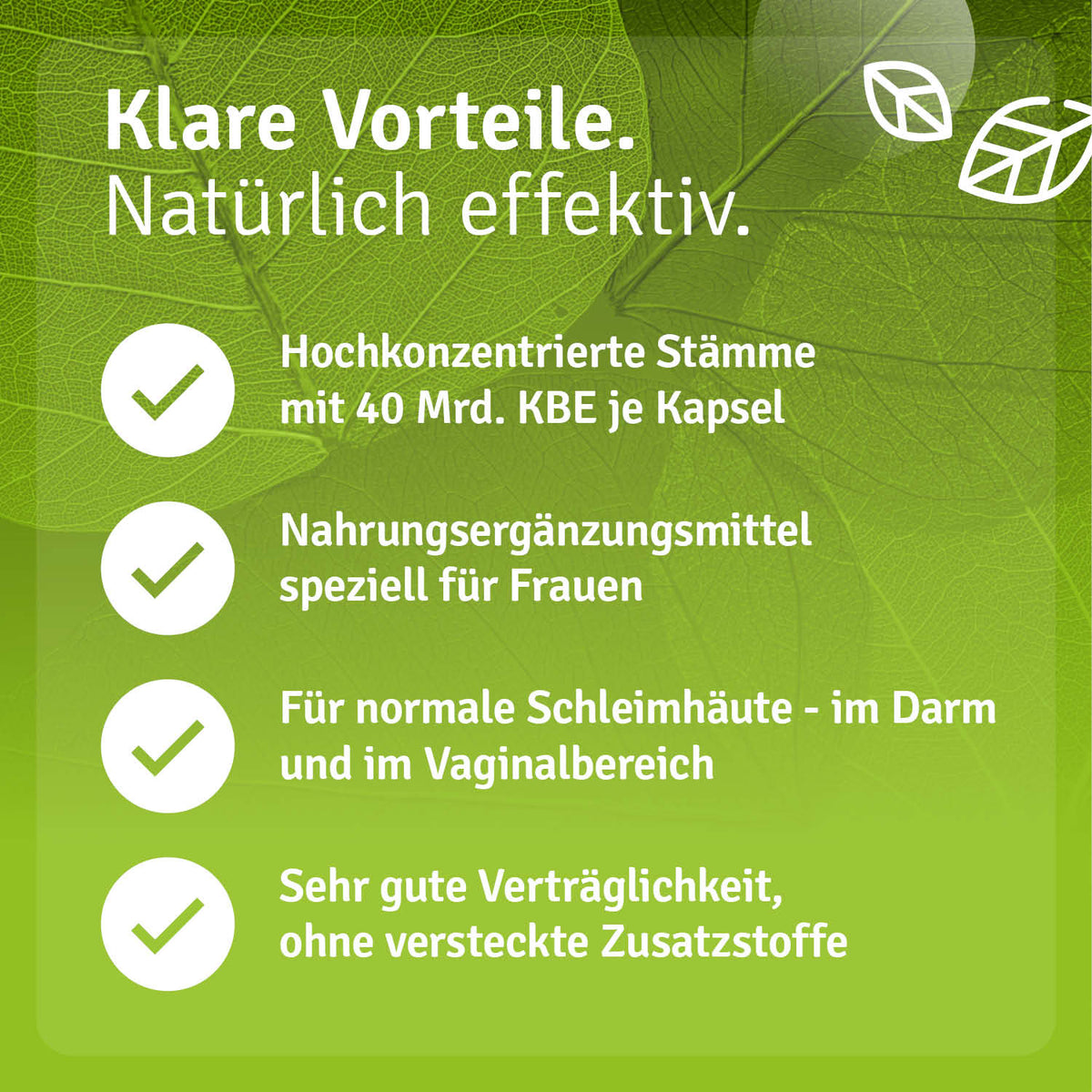 Infografik zu Casida ProbioFemin mit 40 Milliarden KBE je Kapsel und Niacin