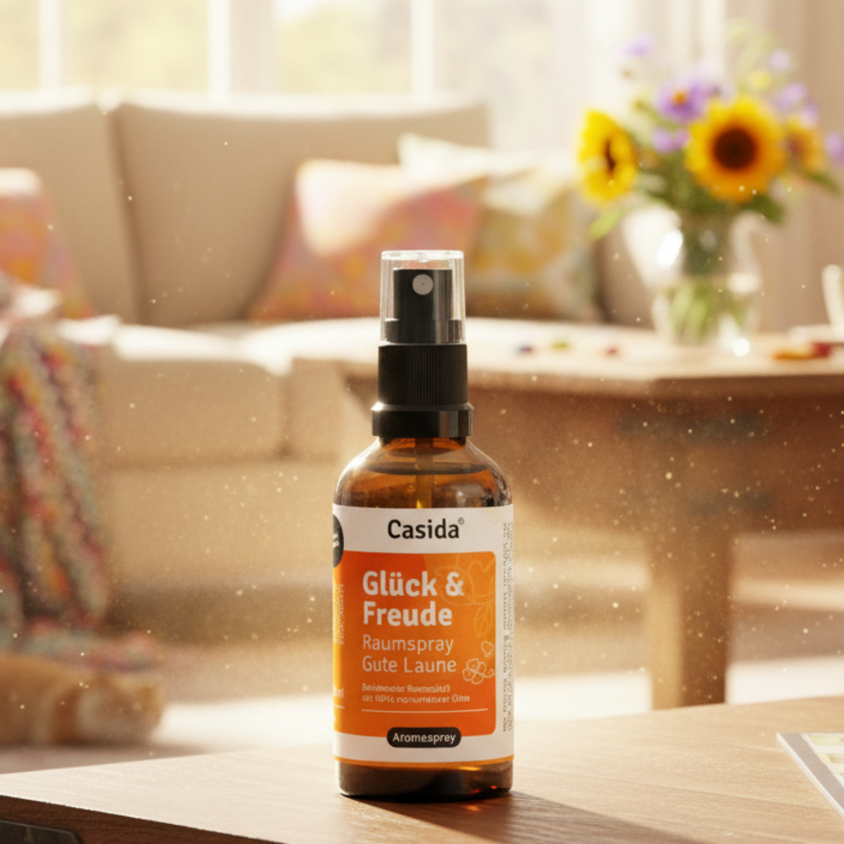 Glück & Freude raumspray in a black spray bottle with an orange label, placed on a table with a cozy living room background.