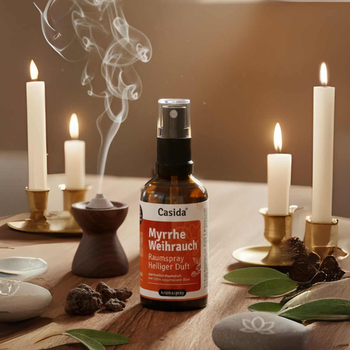 Myrrhe Weihrauch room spray bottle with smoke, candles, and stones on a wooden table.
