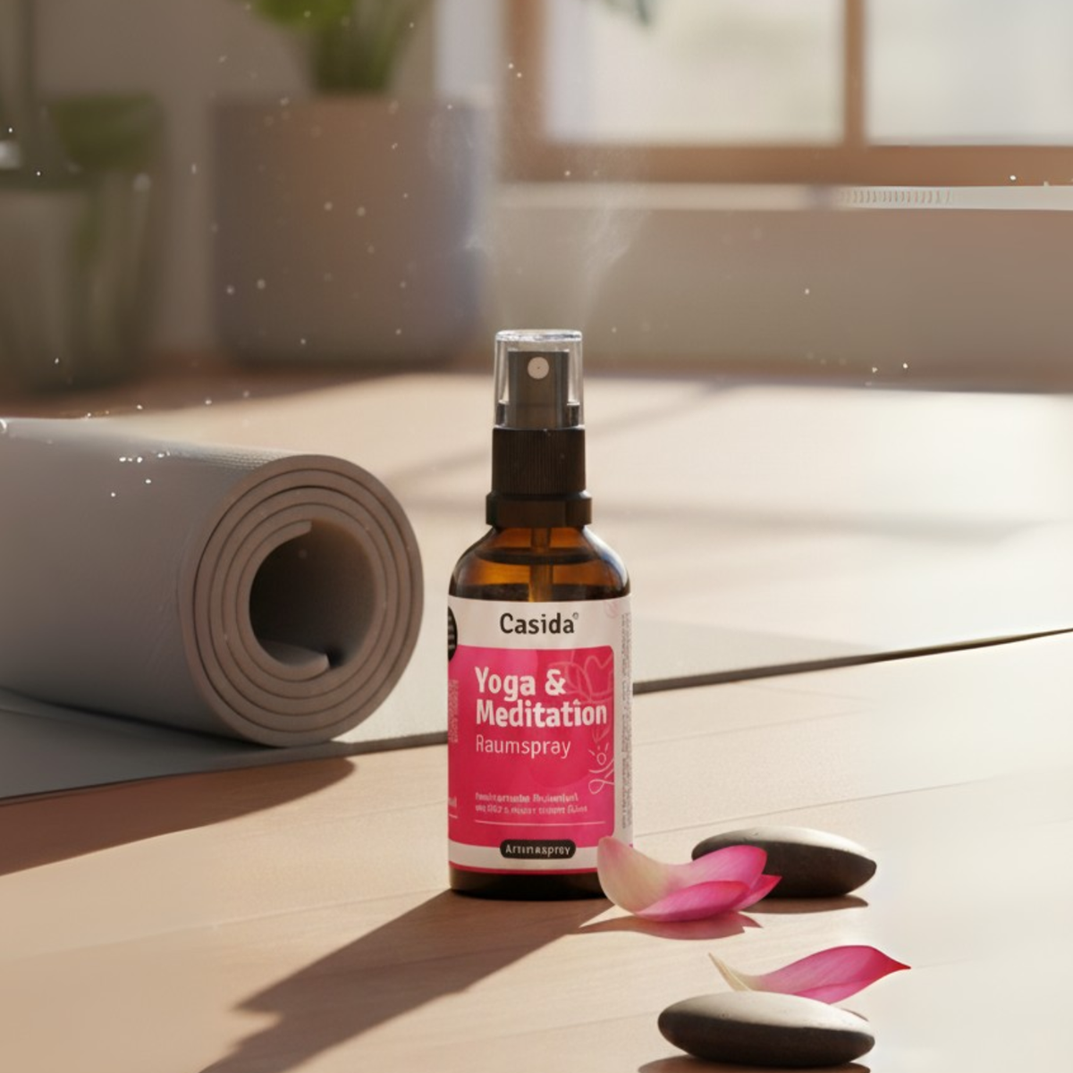 Yoga & meditation room spray bottle with pink label, surrounded by yoga mat, stones, and flower petals in a serene setting.