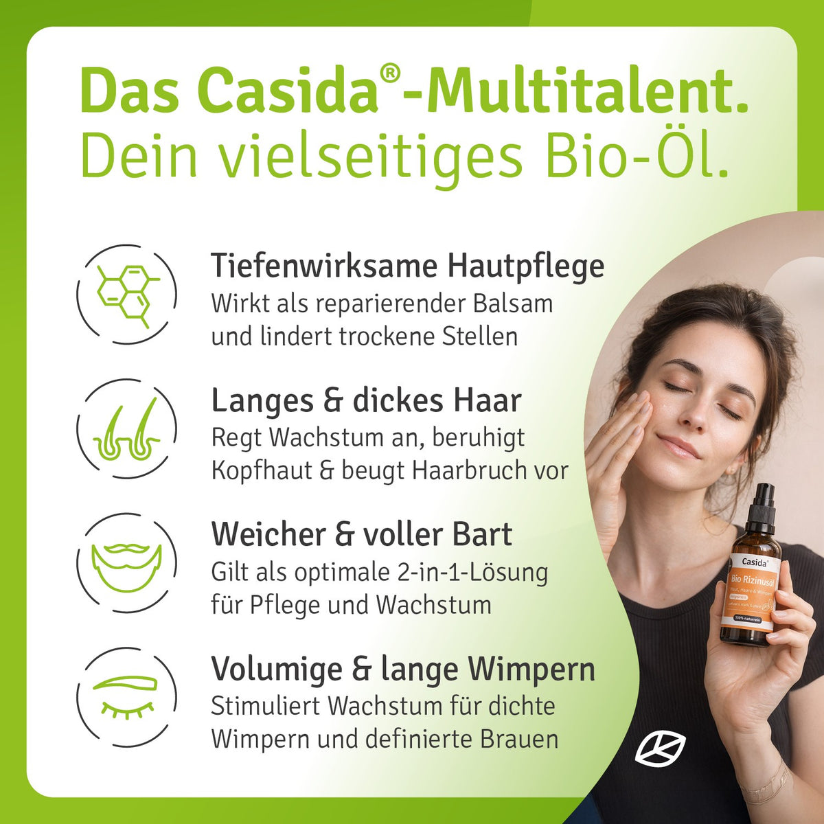 Infografik zu Casida Rizinusöl für die Pflege von Haut, Haaren, Bart und Wimpern