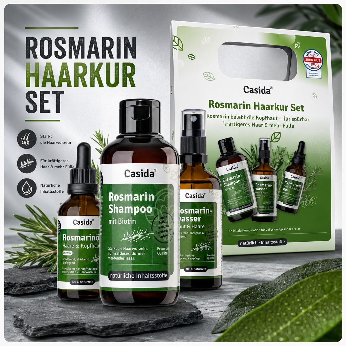 Casida Rosmarin Haarkur-Set mit Shampoo, Öl und Rosmarinwasser auf dunklen Steinplatten