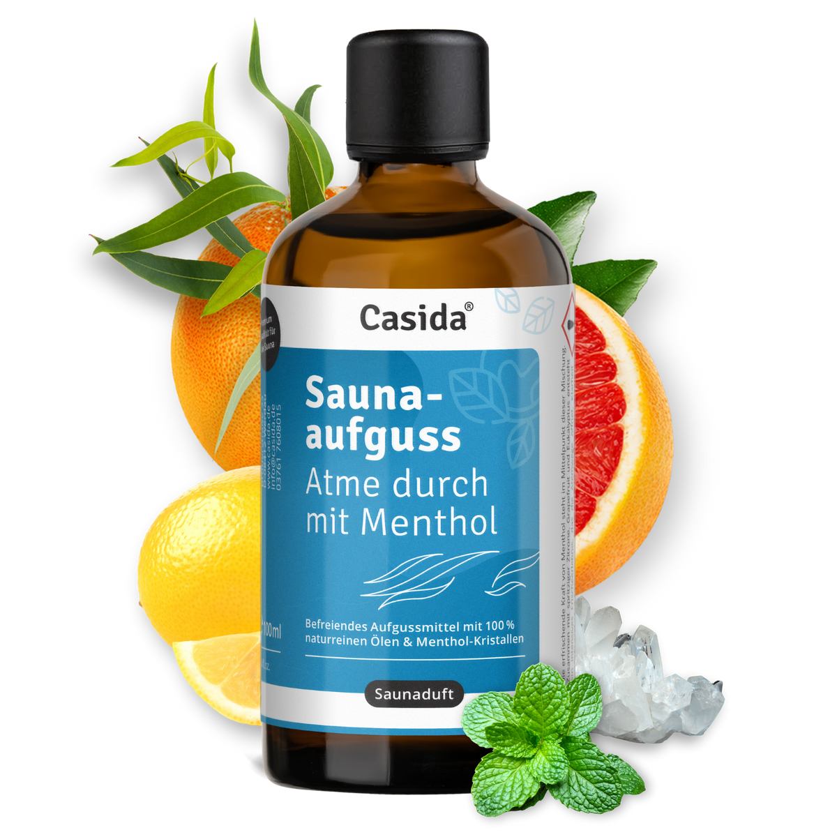 Saunaaufguss Bestseller Set featuring a bottle with menthol, surrounded by citrus fruits and mint leaves.