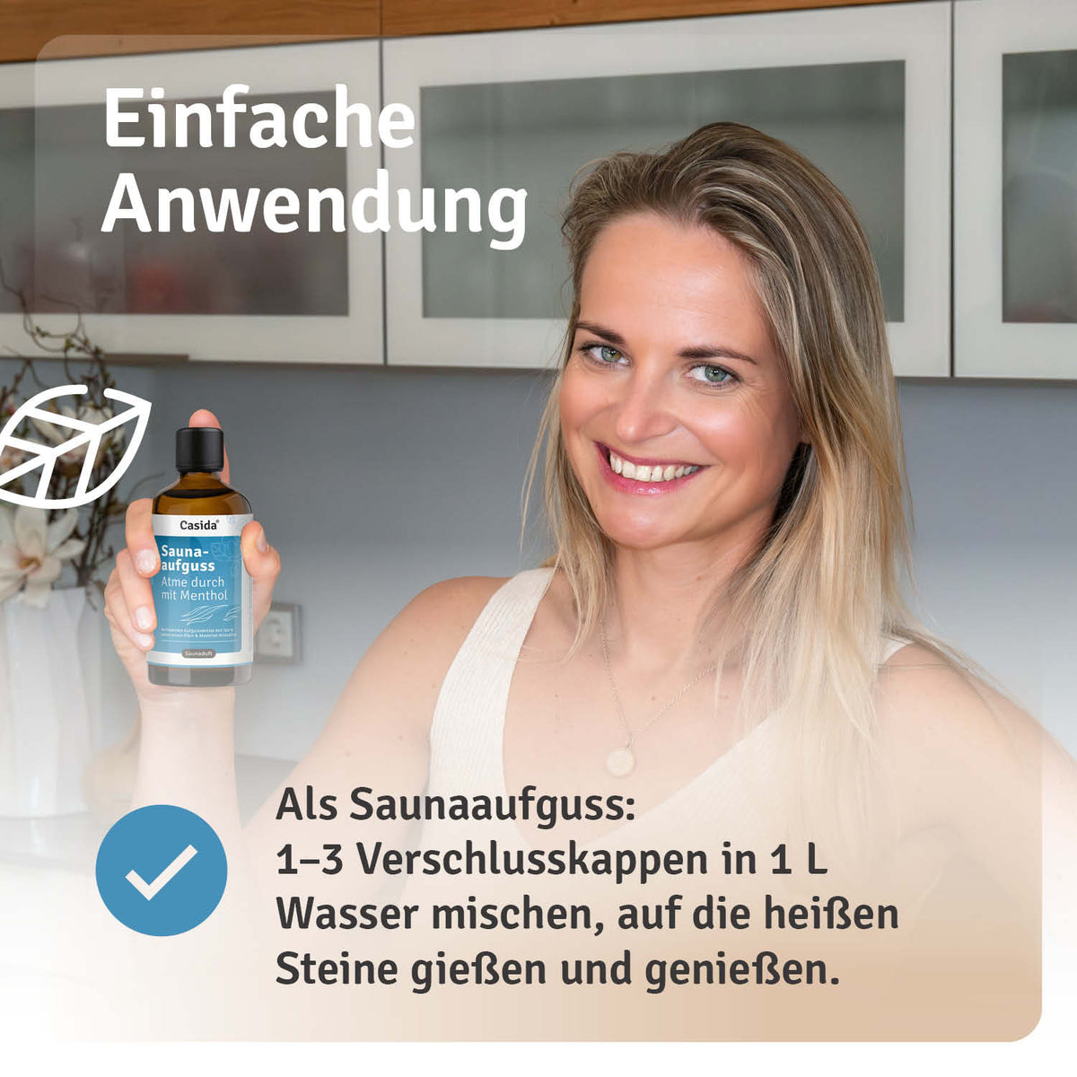 Saunaaufguss Atme durch mit Menthol oil bottle on a countertop, with a woman demonstrating its use.
