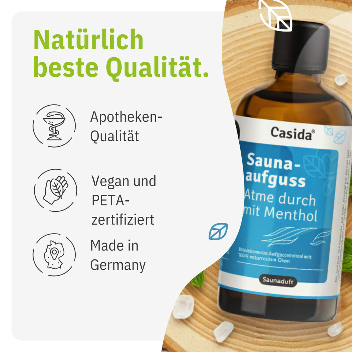 Saunaaufguss Atme durch mit Menthol oil bottle, featuring a green label and text highlighting vegan and PETA certification.