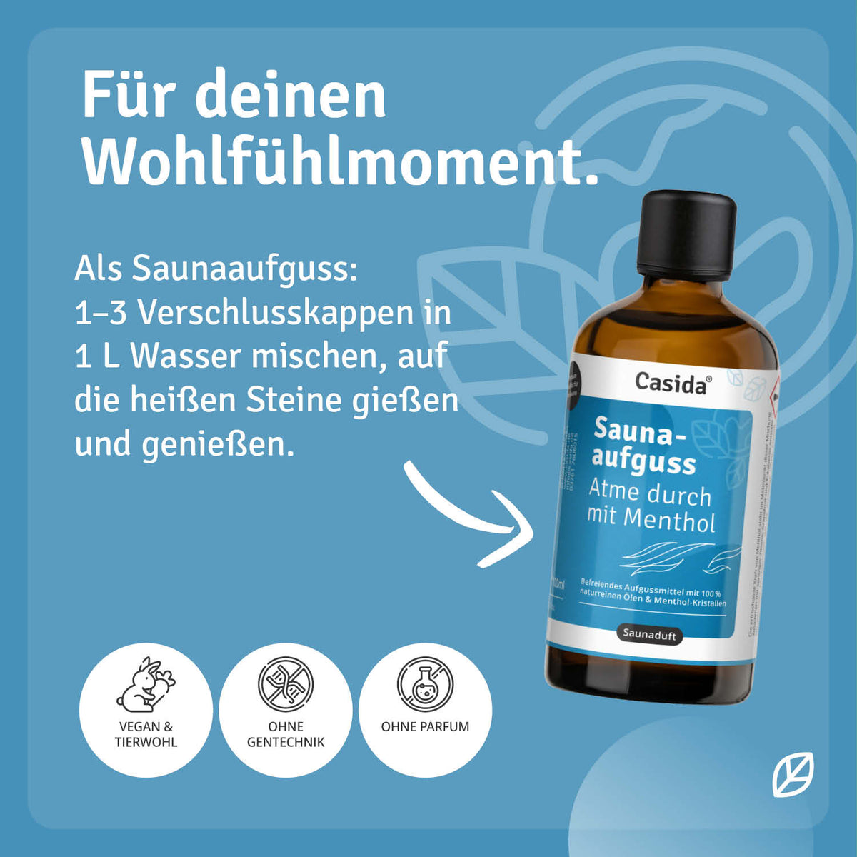 Saunaaufguss bestseller set featuring a menthol essence bottle with a blue label and white text on a light background.