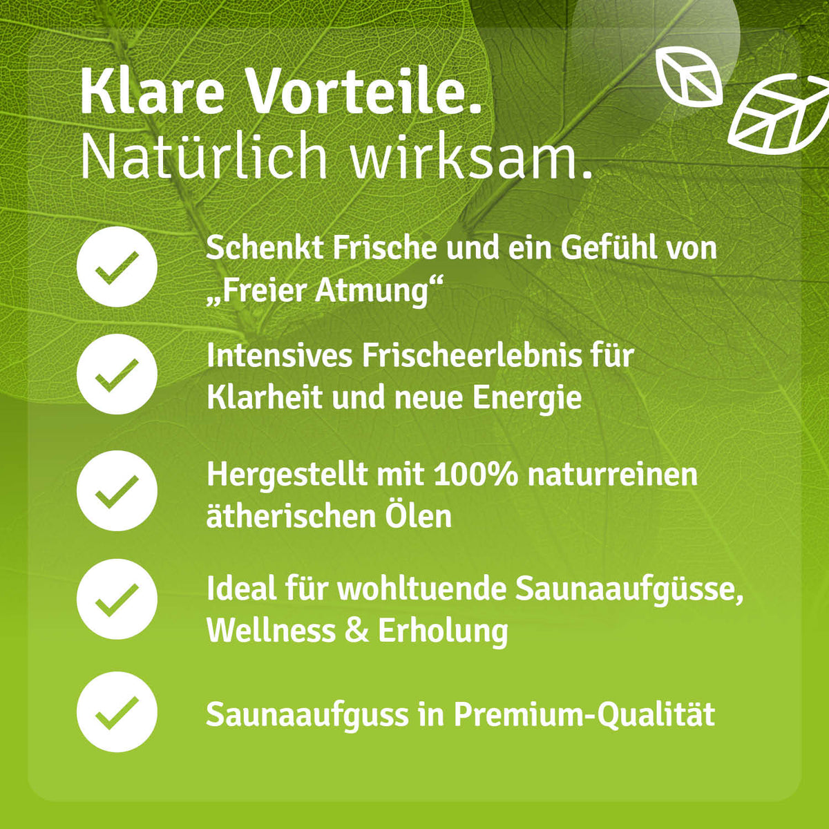 Saunaaufguss Atme durch mit Menthol, grüne Hintergrundgrafik mit Text und Icons zu Vorteilen und Anwendung.