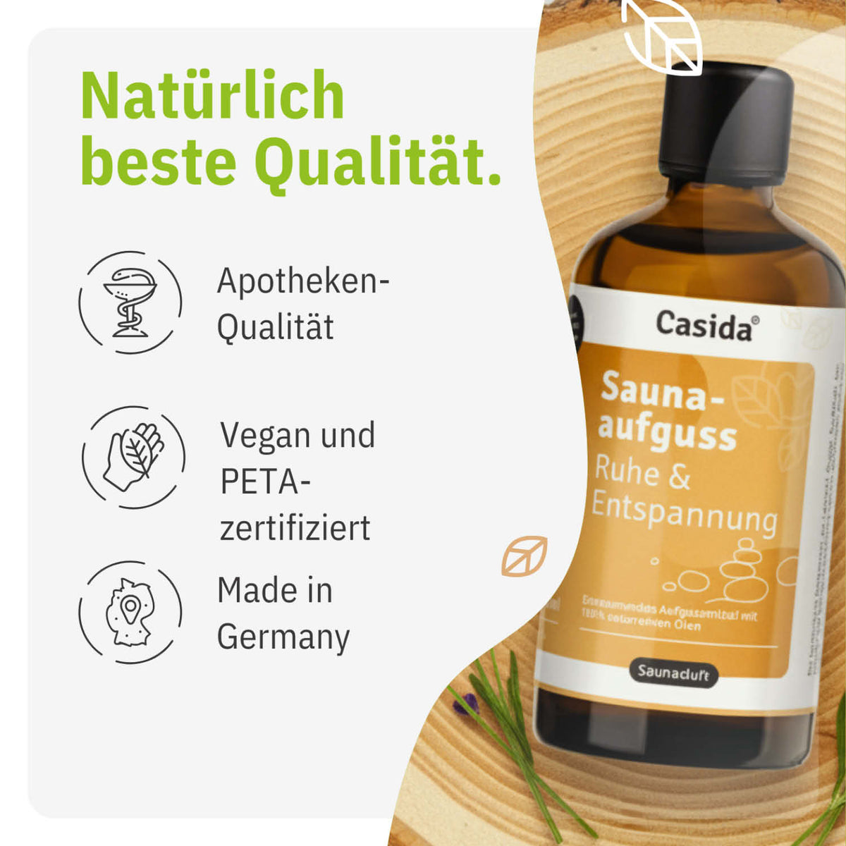 Saunaaufguss Ruhe & Entspannung oil bottle with a brown label, featuring vegan and PETA certification details.