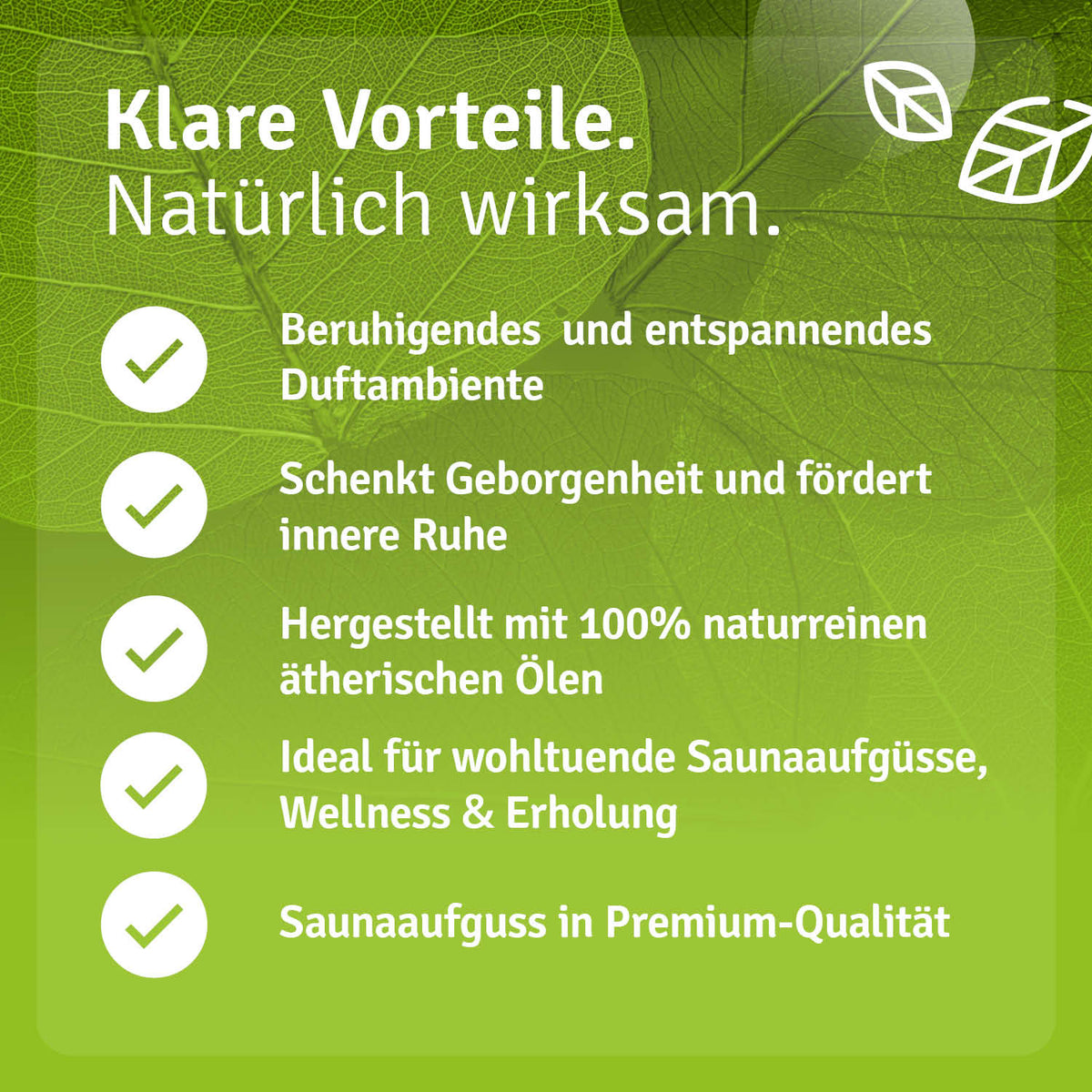 Saunaaufguss Ruhe & Entspannung oil with calming benefits, featuring green leaf design and text on a light background.