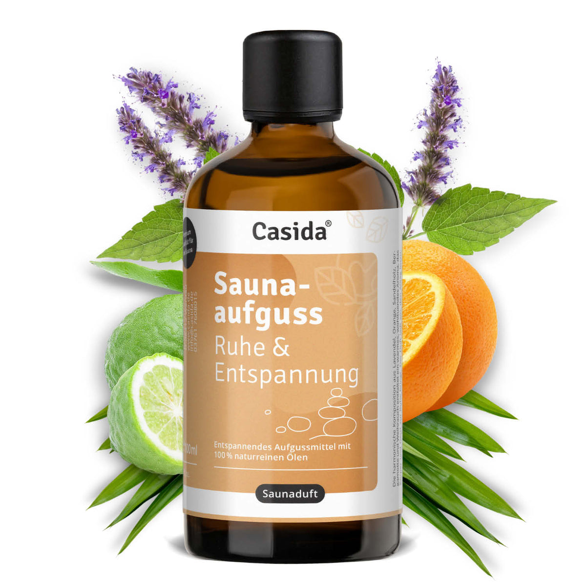 Saunaaufguss Ruhe & Entspannung oil bottle with orange, lime, and lavender on green leaves.