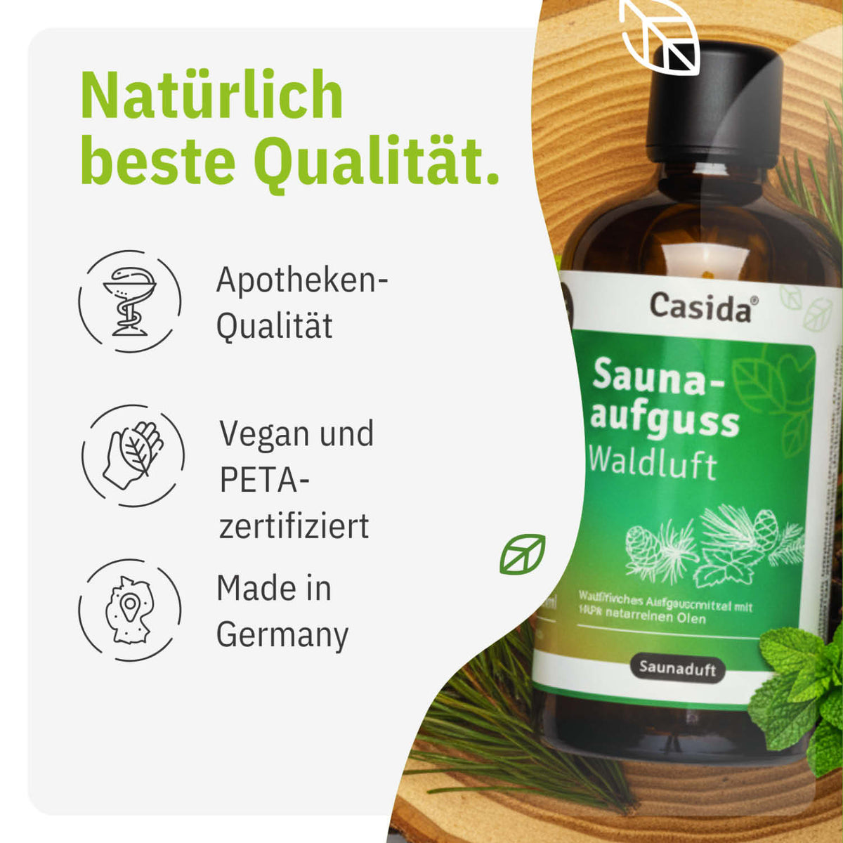 Saunaaufguss Waldluft oil in a green bottle with white label, featuring text about quality and vegan certification.