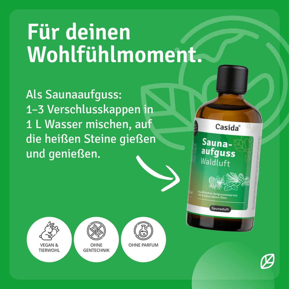 Saunaaufguss Waldluft oil in a brown glass bottle with a green label, set against a green background.