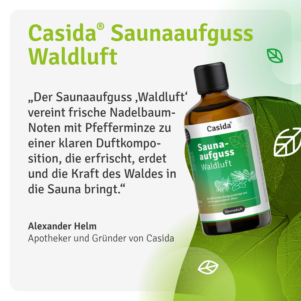 Saunaaufguss Waldluft oil bottle with green label, white text, and leaf design, featuring a quote from Alexander Helm.