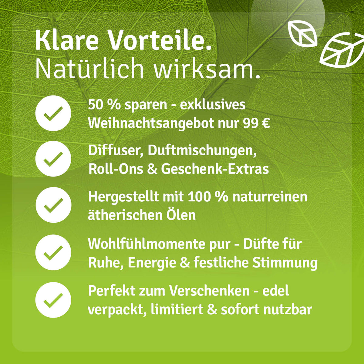 Infografik zum Casida Aroma-Erlebnis-Set mit Diffuser, Duftmischungen, Roll-Ons und Geschenkextras