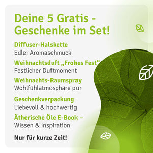 Übersicht der Geschenkextras zum Casida Aroma-Erlebnis-Set: Halskette, Duft, Spray, Verpackung und E-Book
