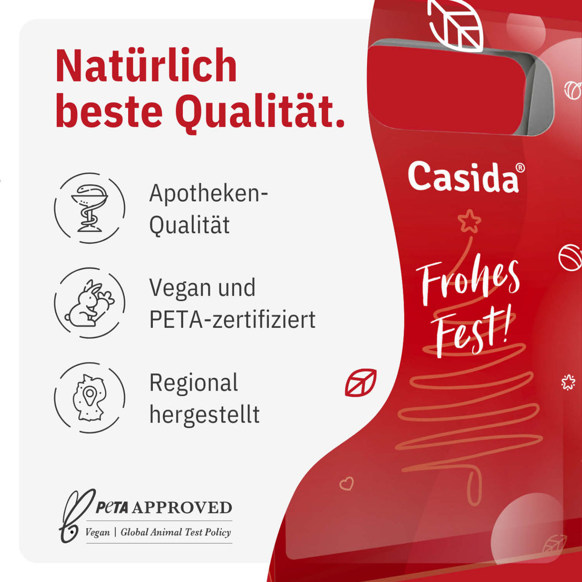 Casida Weihnachtsgeschenktasche mit Angaben zu veganer Rezeptur, PETA-Zertifizierung und regionaler Herstellung