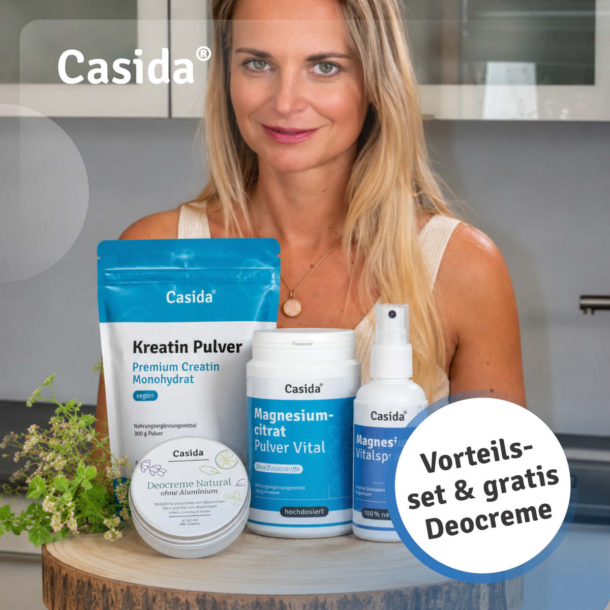 Casida Sport & Fitness Box set featuring various health products, including magnesium and natural supplements on a green b...