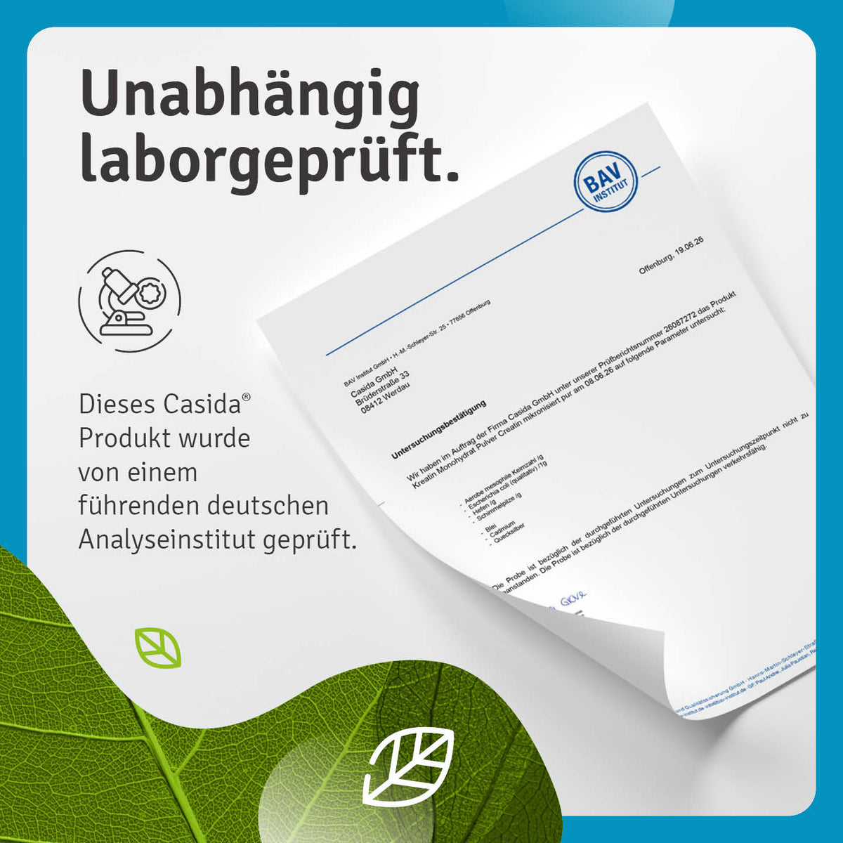 Grafik zur unabhängigen Laborprüfung eines Produkts aus der Casida Sport & Fitness Box