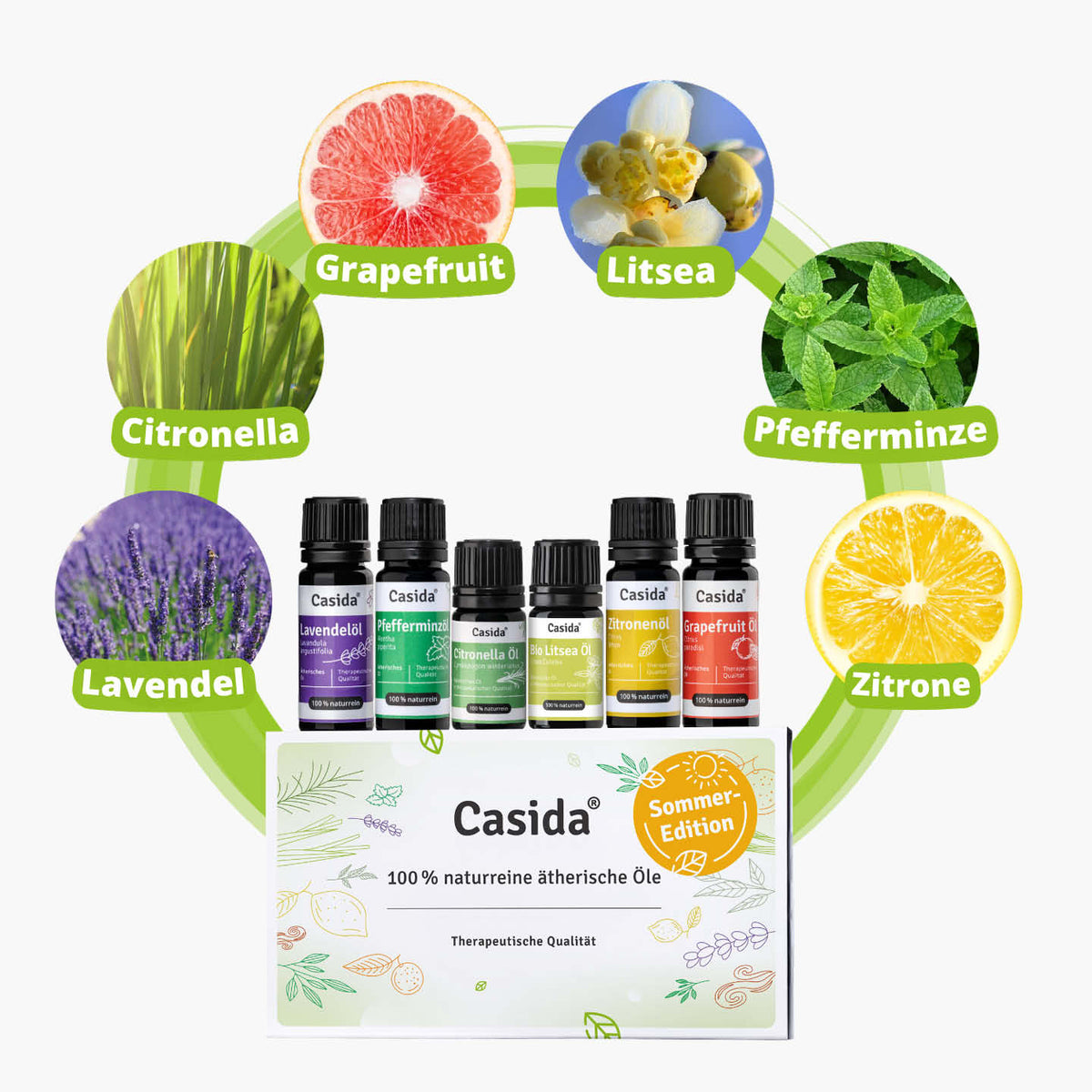 Die sechs Düfte der Casida Sommer-Edition mit Pflanzenmotiven: Lavendel, Minze, Citronella, Litsea und Zitrus