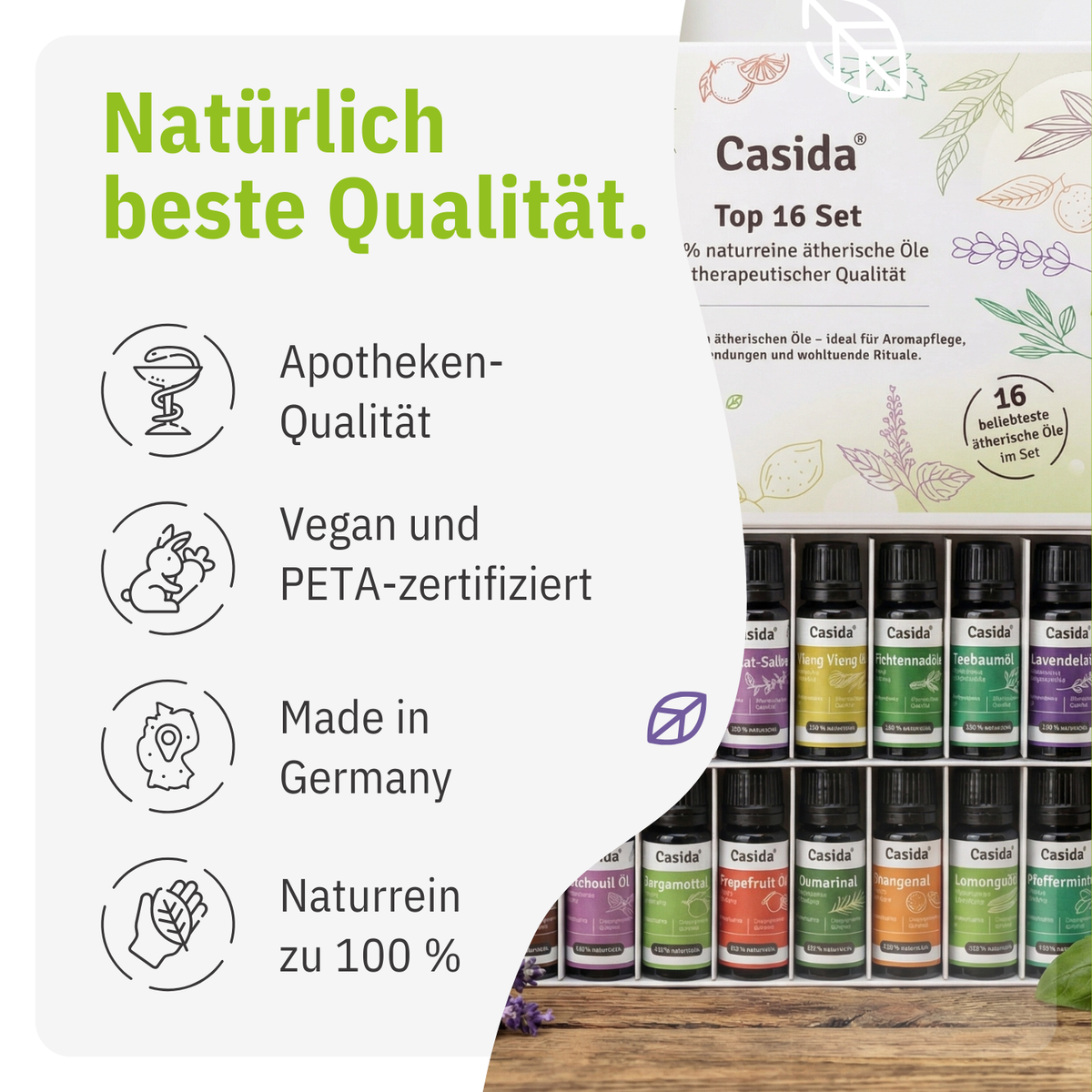 TOP 16 ätherische Öle Set displayed with colorful bottles and a branded box, featuring labels and product details.