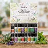 Casida top 16 essential oils set in a box, featuring various colored bottles and herbal illustrations on the packaging.