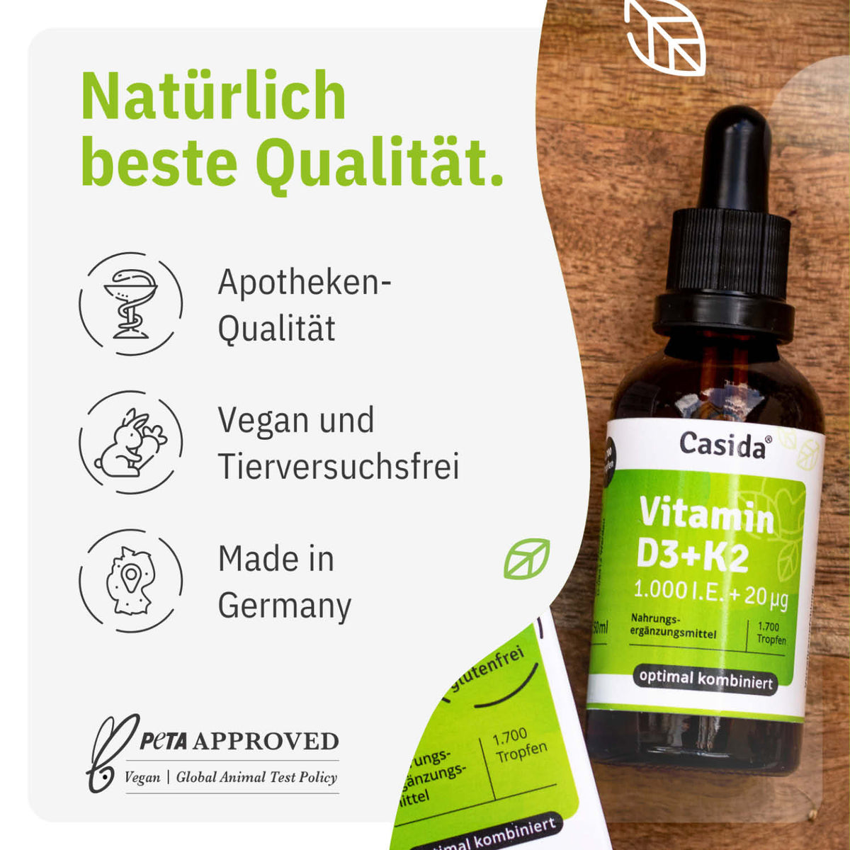 Vitamin D3 + K2 drops in a 50 ml bottle, featuring a dropper and green label with vegan certification.