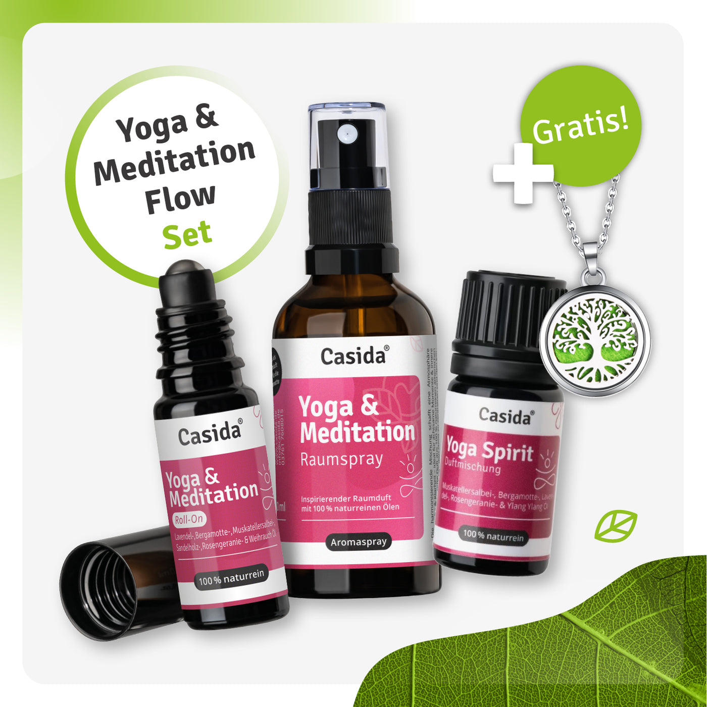 Yoga and meditation flow set featuring essential oil roll-on, room spray, and a diffuser necklace.