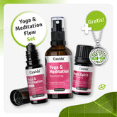 Yoga and meditation flow set featuring essential oil roll-on, room spray, and a diffuser necklace.