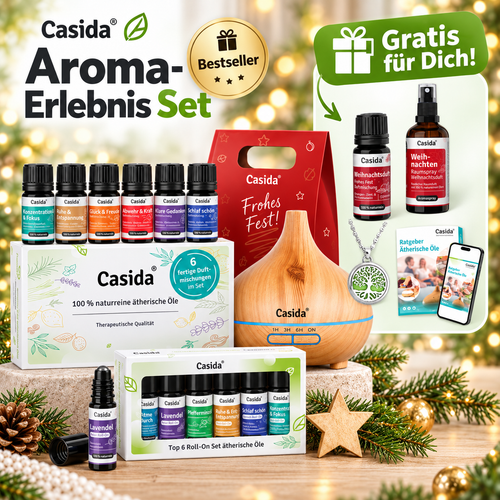 Casida Aroma-Erlebnis-Set mit Diffuser, Duftmischungen, Roll-Ons und weihnachtlichen Geschenkextras