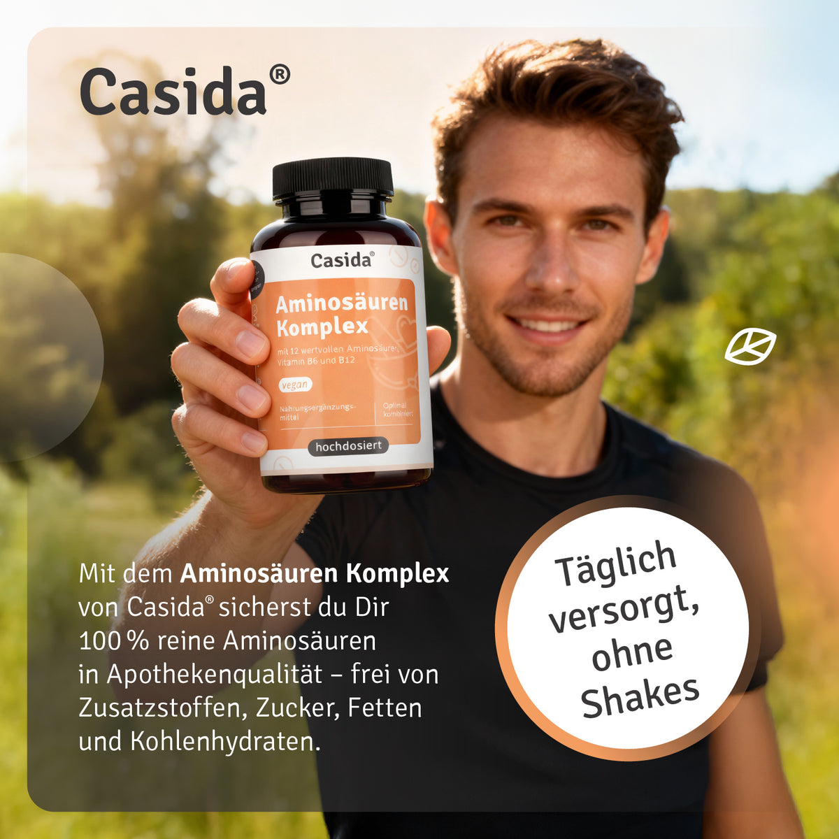 Mann präsentiert eine Dose Casida Aminosäuren Komplex im Freien