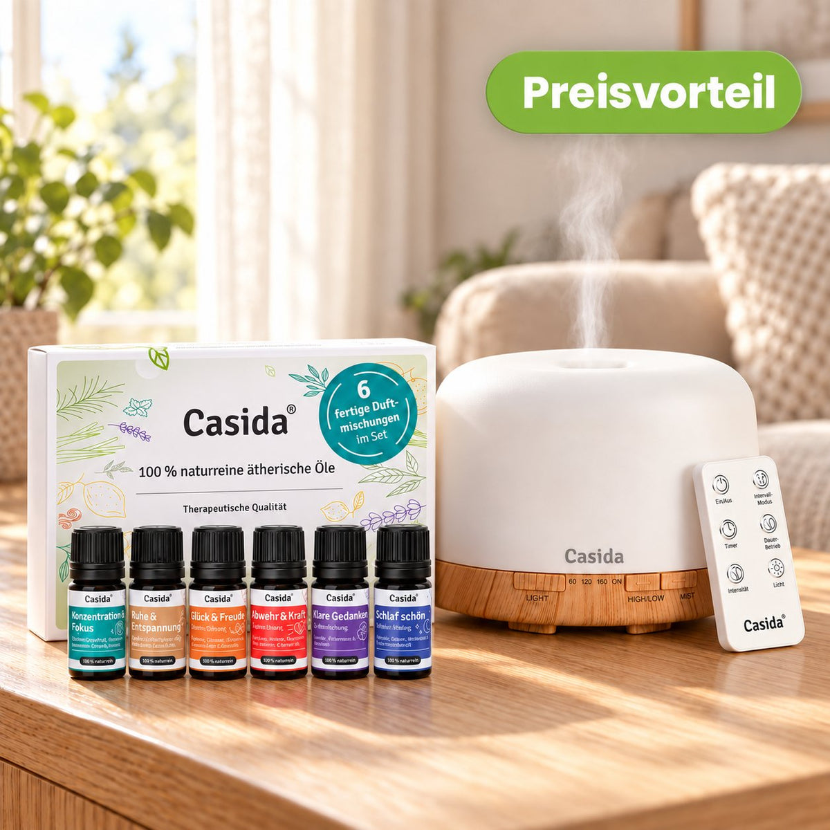 Aroma diffuser with remote control, 500 ml capacity, and six essential oil blends in a set.