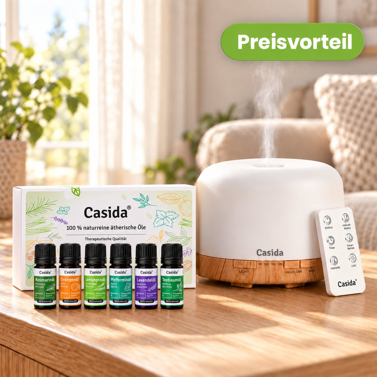Aroma diffuser with remote control, 500 ml capacity, and six essential oils in a set, featuring a white and wood design.