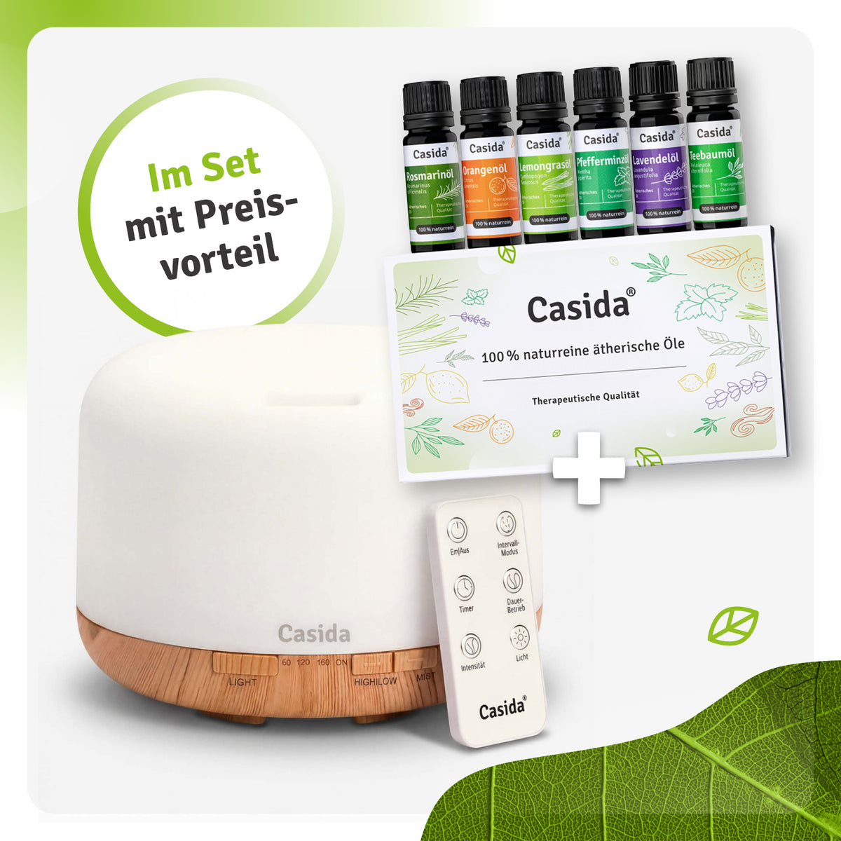 Aroma diffuser with remote control, 500 ml capacity, and six essential oils in a set, featuring a white and wood design.